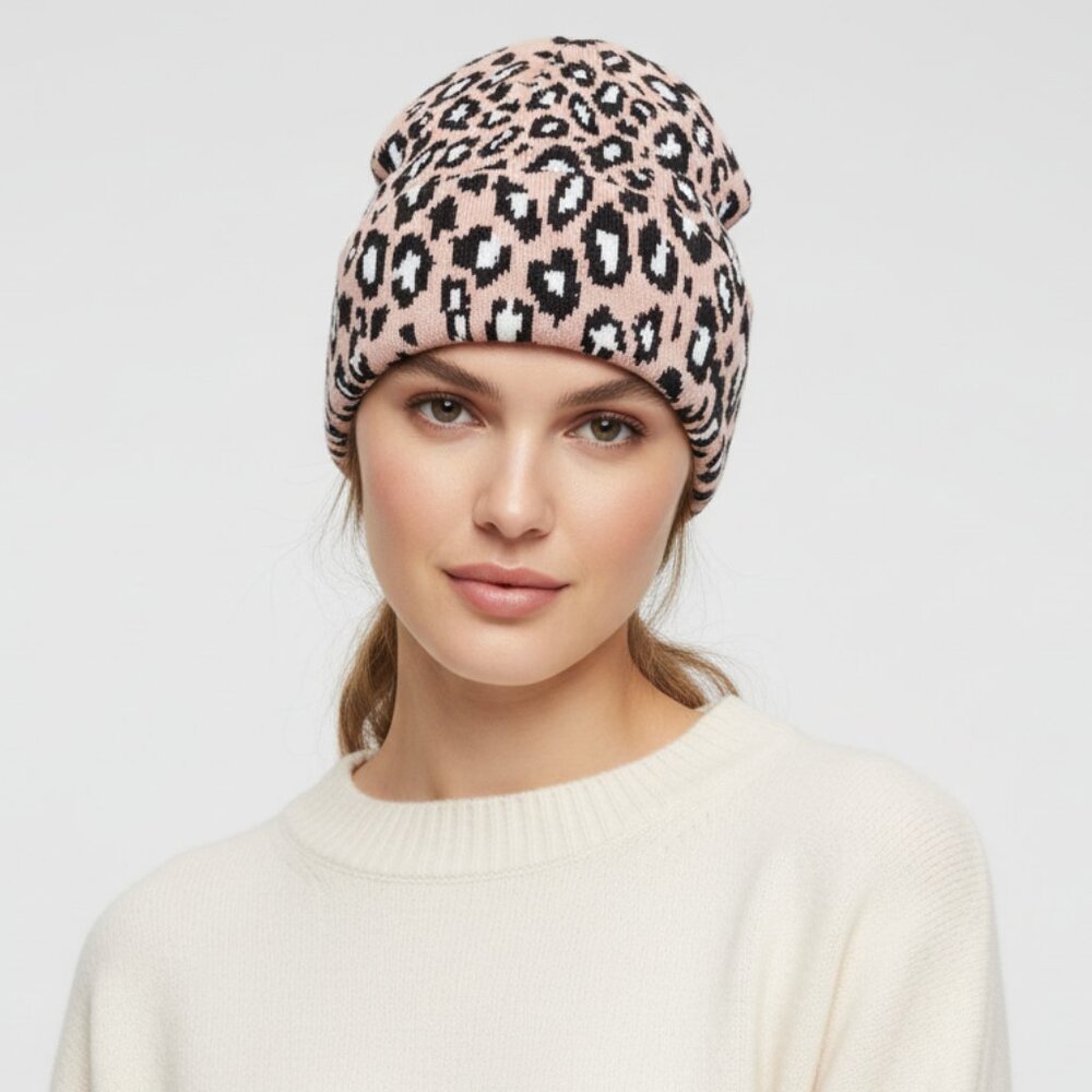 Leopard Print Knit Beanie Hat Pink Black White Slouchy Cuffed Winter Skull Cap
